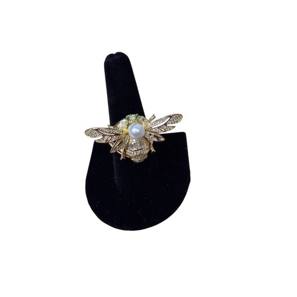 Designer fashion Vintage Bee Cocktail Ring 14K Plated copper Pearl CZ gift - Picture 6 of 6